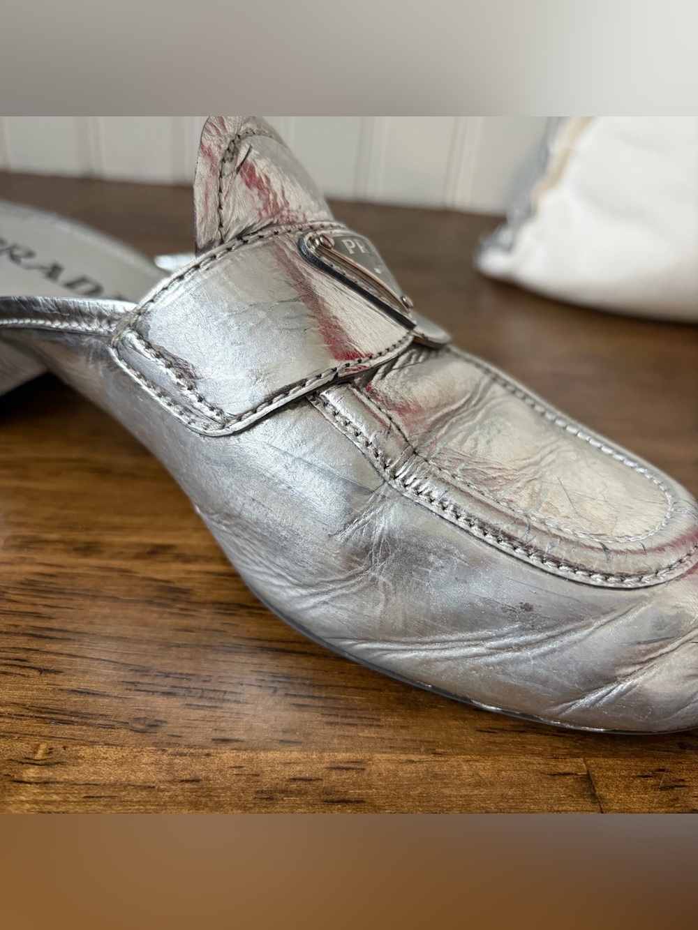 PRADA Silver Metallic Leather Mules Loafer Slides size 7 37.5 - Picture 11 of 12